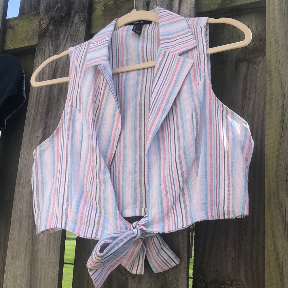Striped Cotton Tie-Front Sleeveless Blouse